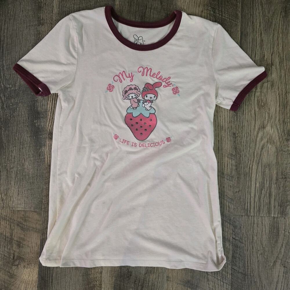 Sanrio My Melody Sweet Piano Life Is Delicious Ringer T-Shirt Pink Women's Small